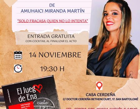 Libro “El Juego de Ena” de Amuhaici Miranda Martín. Presentación del libro el viernes 14 de noviembre, a las 19:30 horas, en la Casa Cerdeña