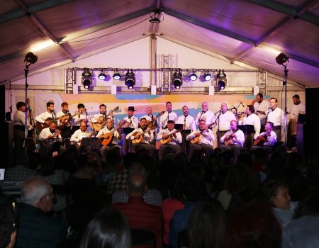 Componentes de la Parranda Janubio tocando instrumentos de cuerda y cantando folklore en el escenario de Las Breñas.