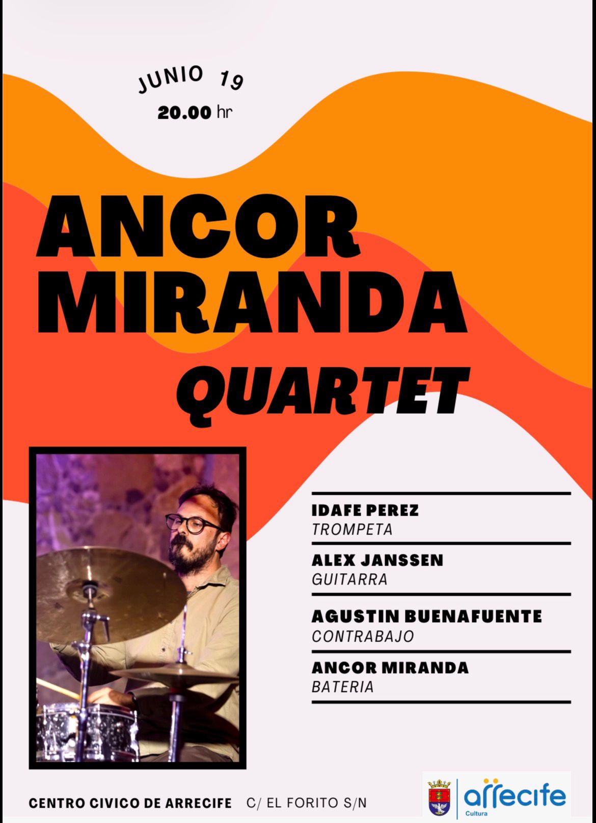 Cartel concierto de la banda de jazz Ancor Miranda Quartet tocando la trompeta, contrabajo y batería.