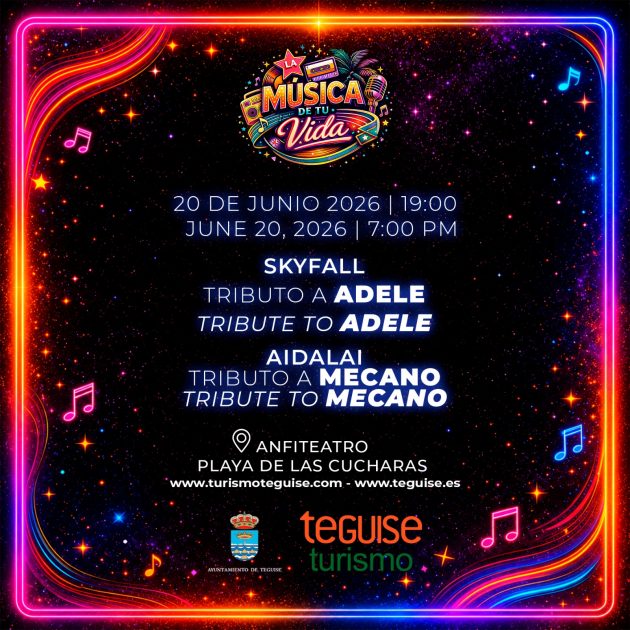 cartel del Anfiteatro de la Playa de Las Cucharas en Costa Teguise, escenario del concierto La Música de Tu Vida.