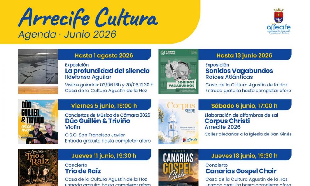 Presentación de la agenda de Cultura Arrecife junio 2026 con conciertos, teatro y cine.
