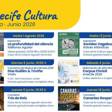Presentación de la agenda de Cultura Arrecife junio 2026 con conciertos, teatro y cine.