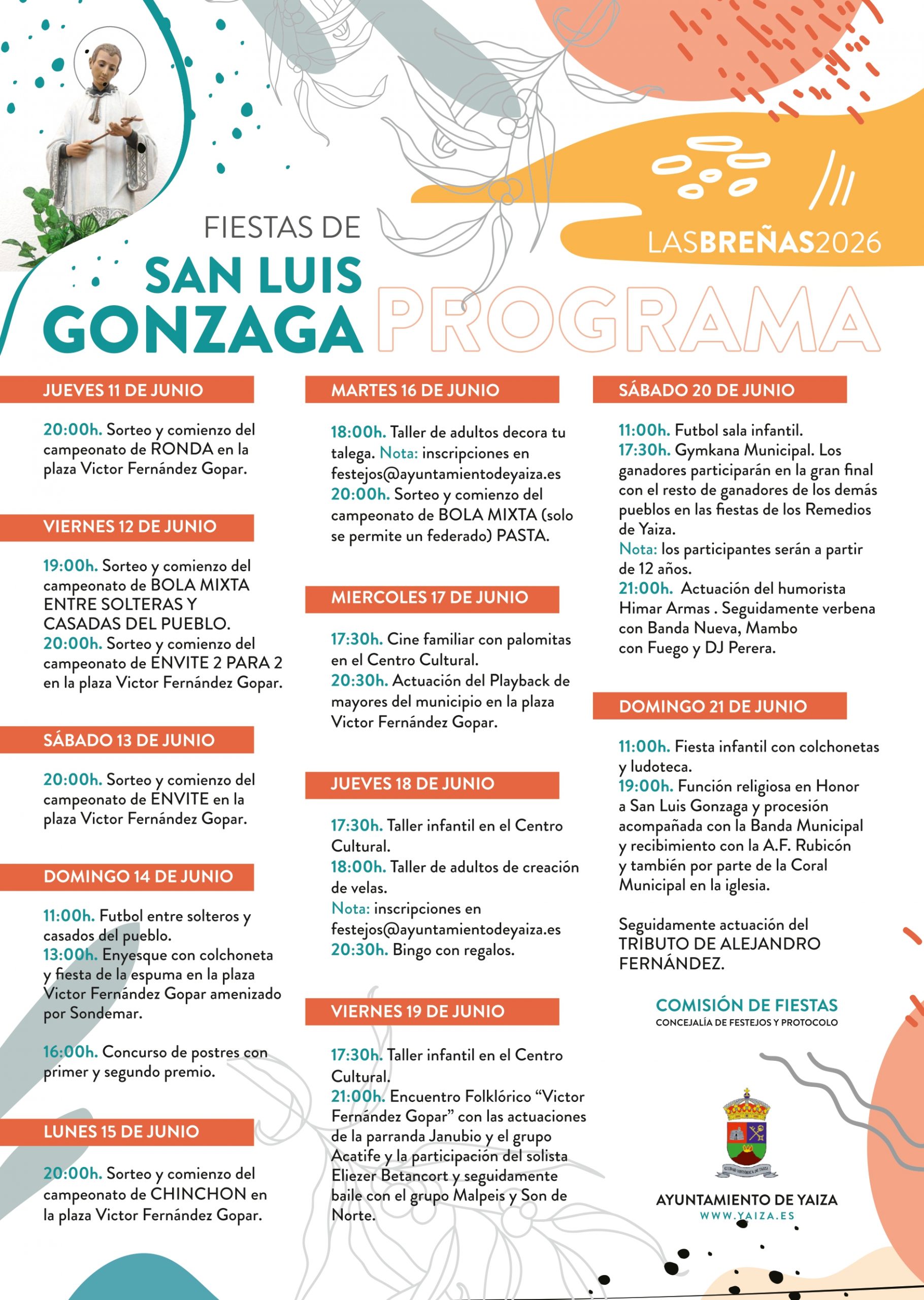 cartel de la celebración de las tradicionales fiestas de las brenas yaiza 2026 en honor a San Luis Gonzaga