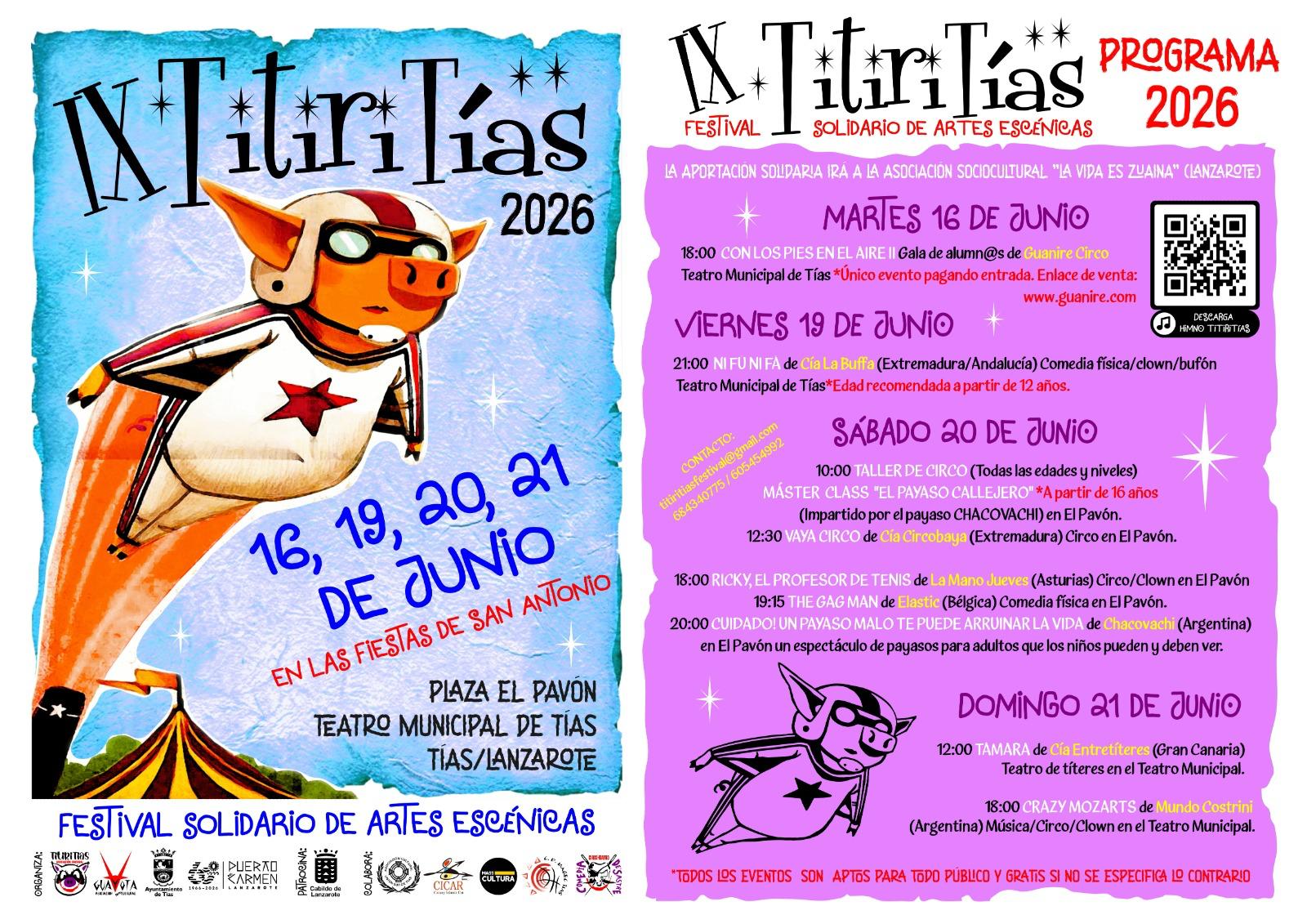 Cartel oficial del Festival solidario de artes escénicas TitiriTías 2026 en Lanzarote.