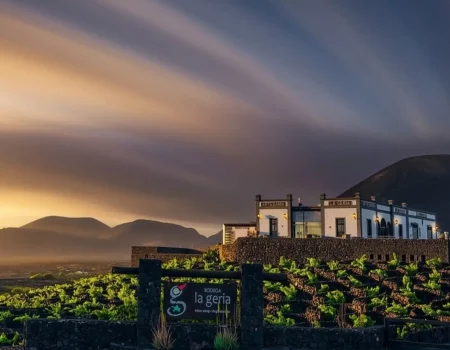 Paisaje de viñedos en hoyos de ceniza volcánica en La Geria con la bodega al fondo.