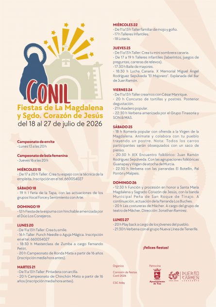 El Ayuntamiento de Tías anima a participar en las fiestas de La Magdalena y Sagrado Corazón de Jesús de Conil, del 18 al 27 de julio