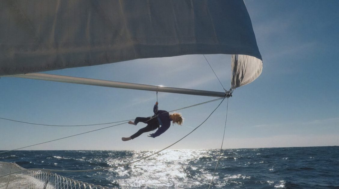 Primer plano de la fotógrafa marina Christa Funk nadando entre grandes olas con su cámara de agua en Hawái.