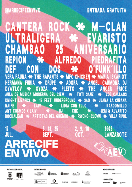 Cartel oficial de artistas confirmados para el festival Arrecife en Vivo 2026.