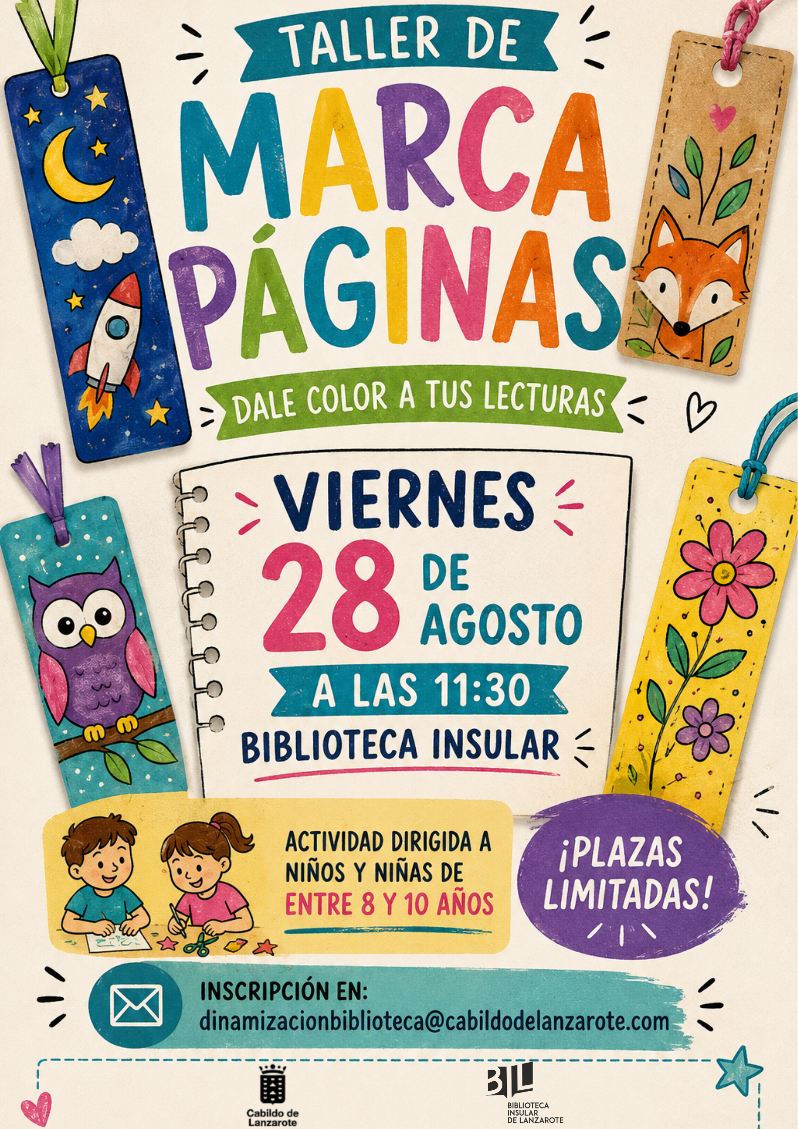 Cartel de la programación de actividades infantiles de verano en agosto de la Biblioteca Insular de Lanzarote.