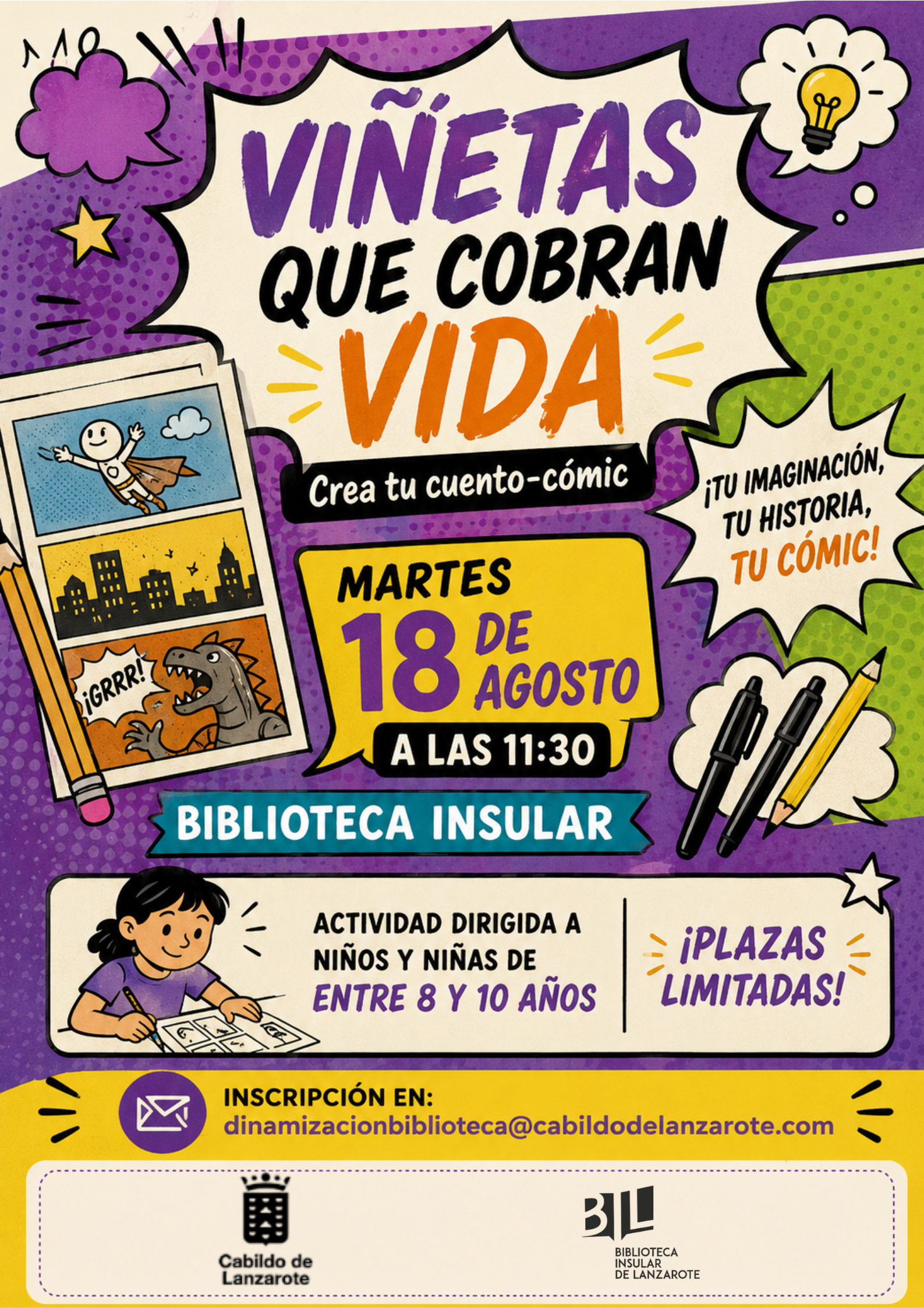 Cartel de la programación de actividades infantiles de verano en agosto de la Biblioteca Insular de Lanzarote.