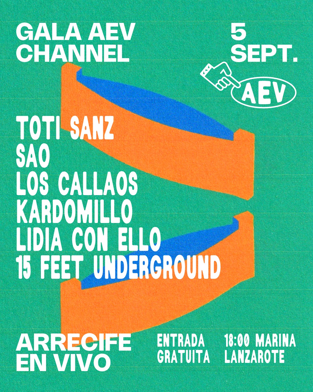 Cartel de Arrecife en Vivo 2026 con la programación de la Gala AEV Channel el 5 de septiembre en Marina Lanzarote.