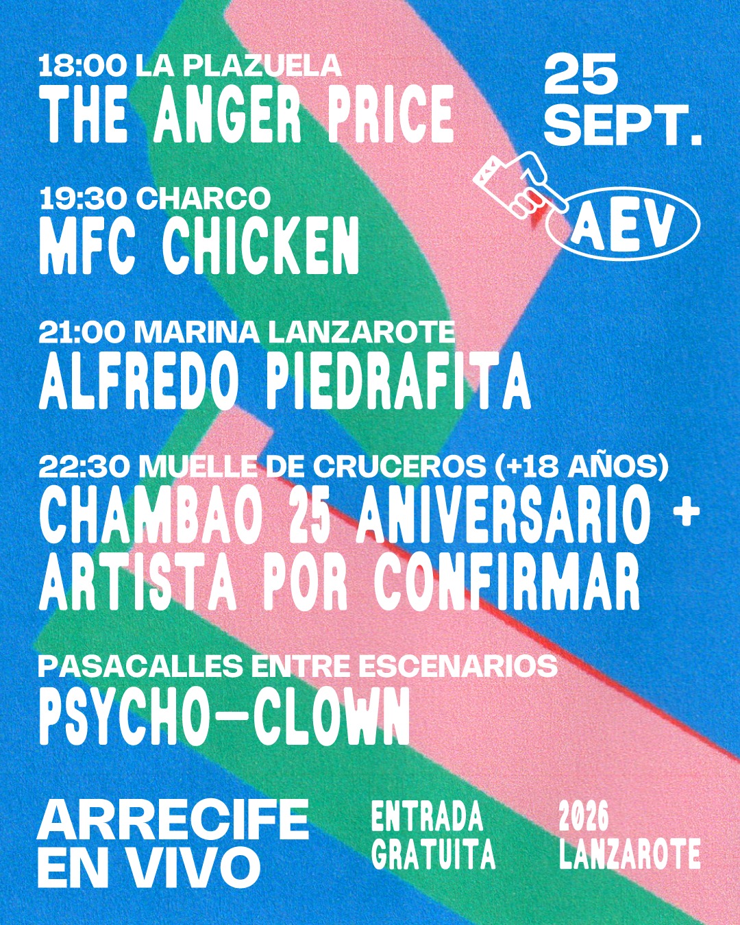 Cartel con los horarios y escenarios del 25 de septiembre en Arrecife en Vivo, incluyendo a The Anger Price, MFC Chicken, Alfredo Piedrafita y Chambao.