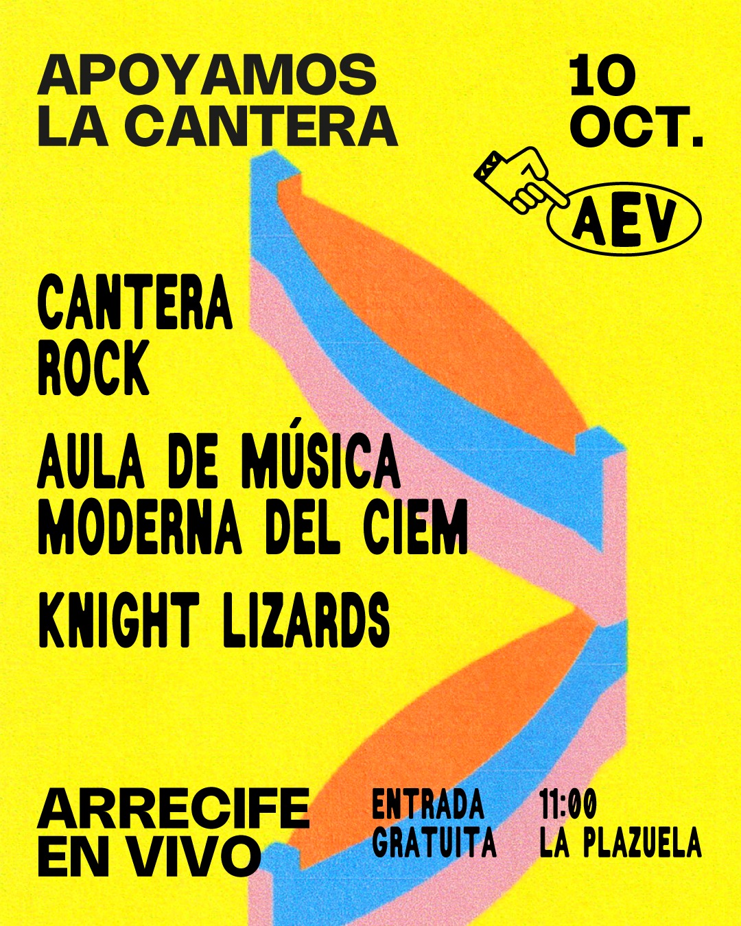 Cartel de Arrecife en Vivo con la programación matutina del 10 de octubre dedicada a las bandas locales en La Plazuela.