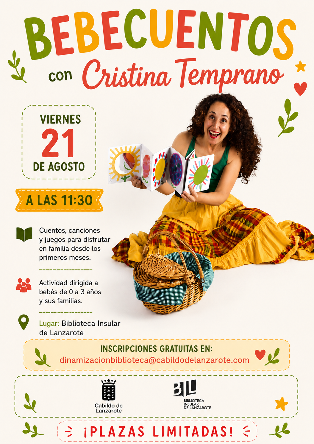 Cartel de la programación de actividades infantiles de verano en agosto de la Biblioteca Insular de Lanzarote.