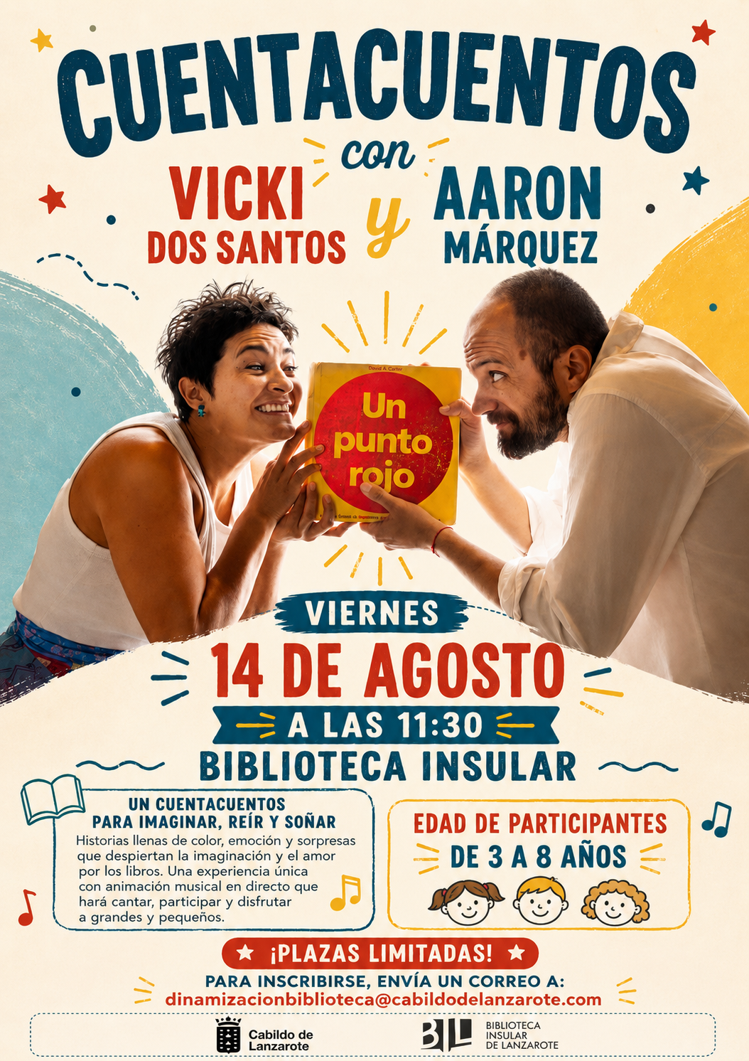 Cartel de la programación de actividades infantiles de verano en agosto de la Biblioteca Insular de Lanzarote.