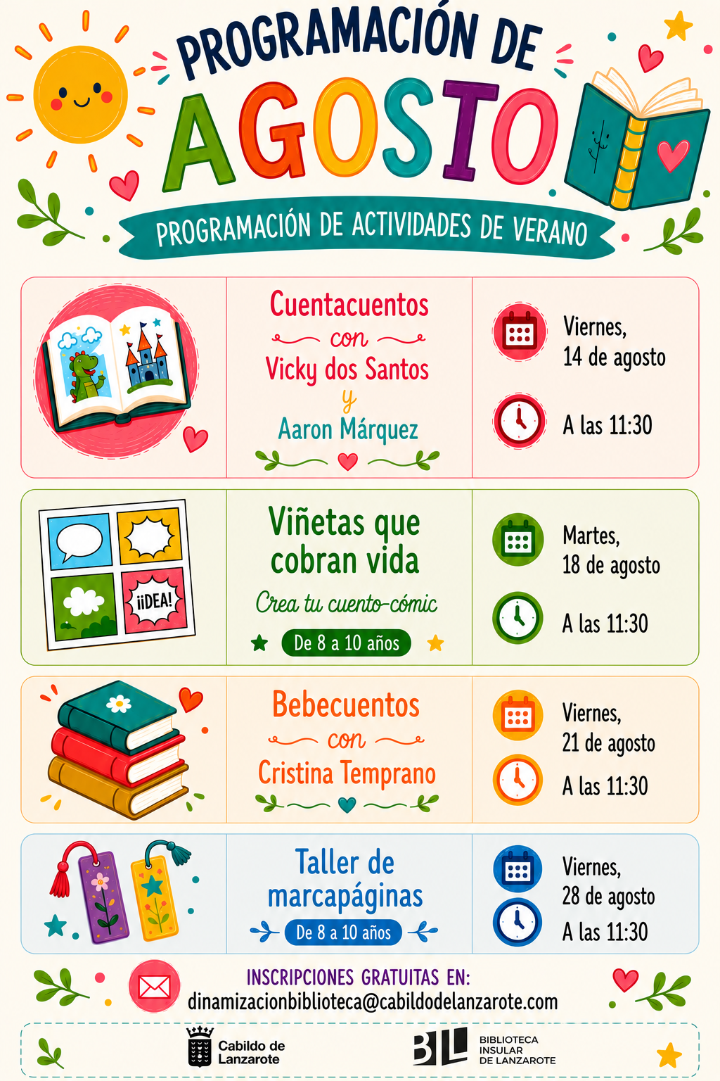 Cartel de la programación de actividades infantiles de verano en agosto de la Biblioteca Insular de Lanzarote.