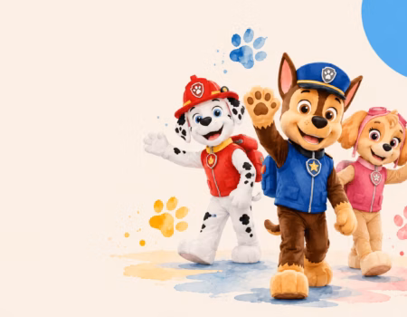 Imagen promocional anunciando la visita de los personajes de la Patrulla Canina para saludar a los niños.