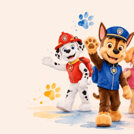 Imagen promocional anunciando la visita de los personajes de la Patrulla Canina para saludar a los niños.
