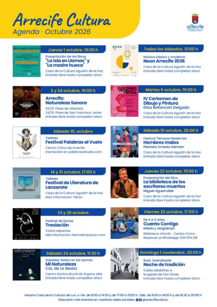 Actividades gratuitas en la Agenda de Cultura Arrecife octubre 2026