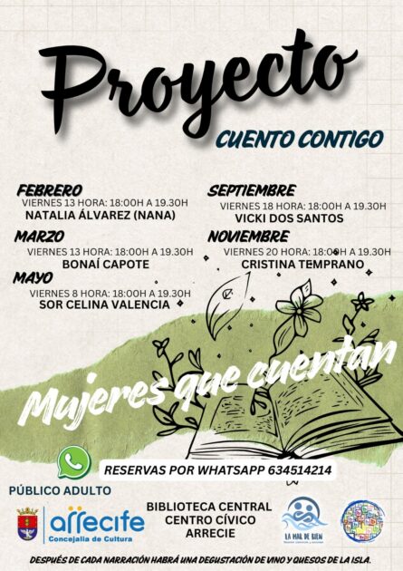 Cartel promocional de la sesión de narración de Vicki dos Santos en Arrecife.