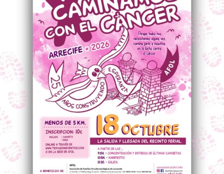 Cartel oficial de la décima edición de Caminamos con el Cáncer en Arrecife y el 25 aniversario de AFOL.