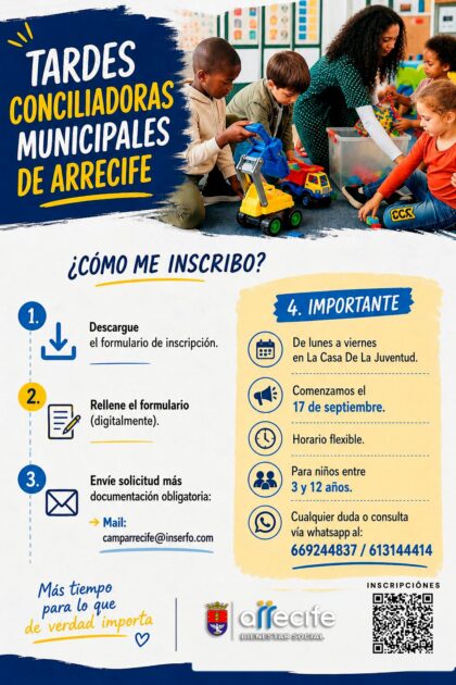 Cartel oficial del servicio gratuito de Tardes Conciliadoras en Arrecife.