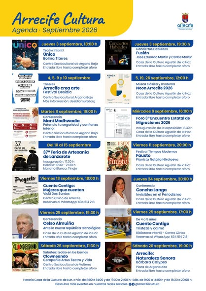 Cartel con la programación de eventos gratuitos de Cultura Arrecife en los barrios.