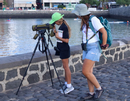 Participantes en la jornada de avistamiento de aves en Arrecife observando especies marinas en los bajíos.